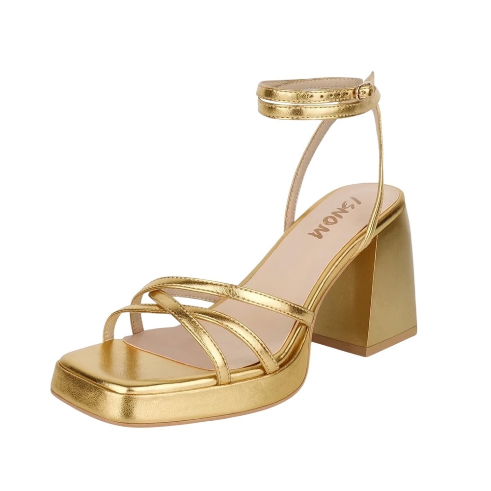 ISNOM Gold Metallic Strappy Platform Block Heel Sandals Square Toe US 10.5